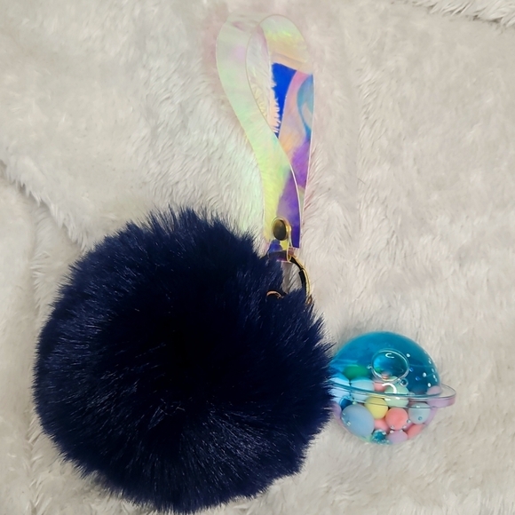 Saturn Inspired Navy Fluffy Pom Pom Keychain - Picture 1 of 5